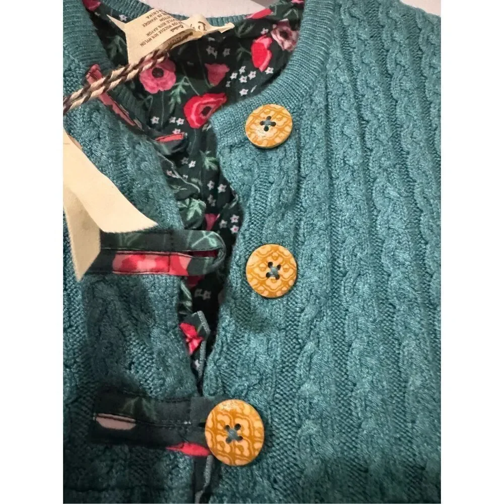 Matilda Jane NWT teal knit lace trim sweater floral patch pocket cute button fro